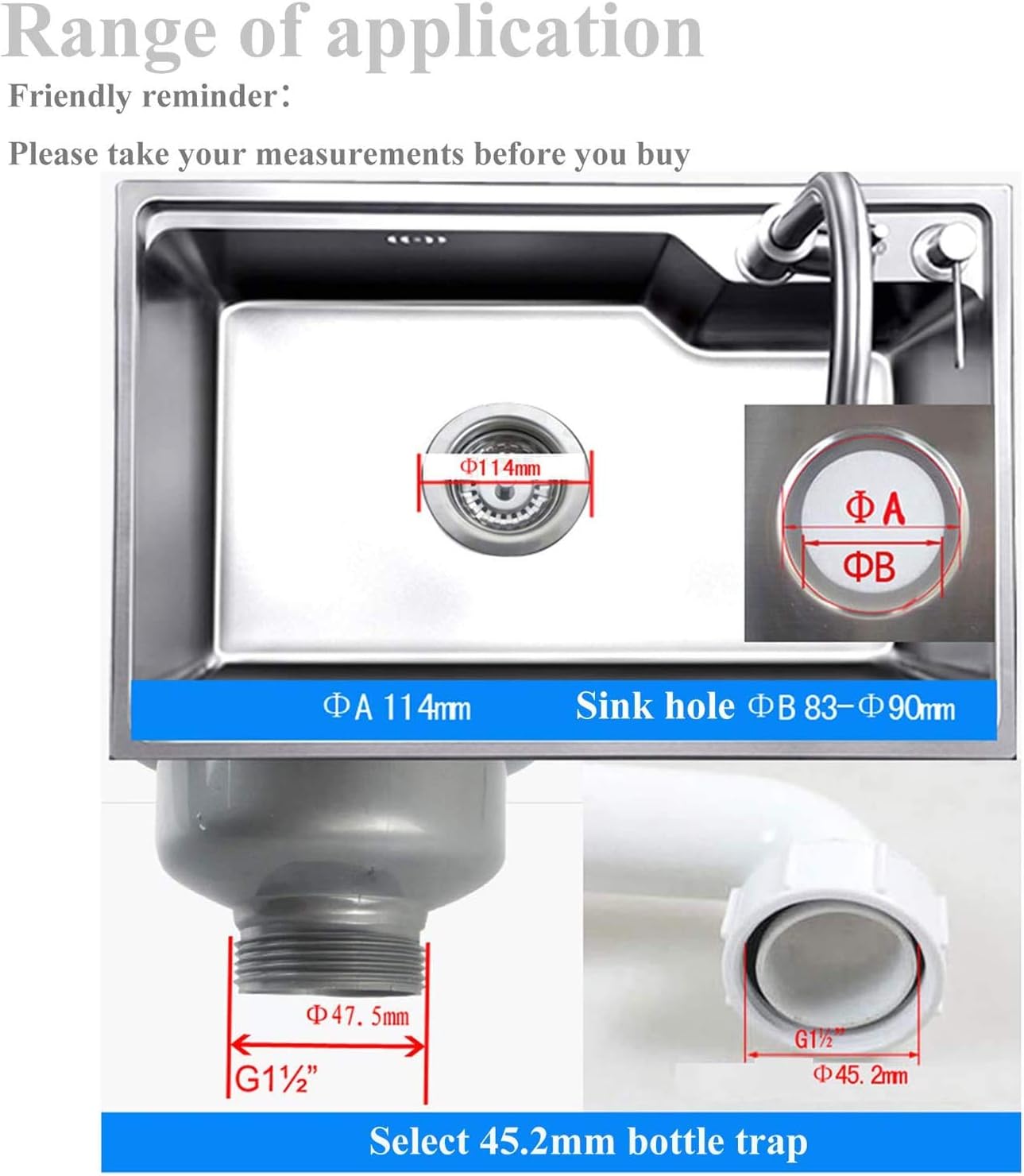 Sink Collection Stainless Steel Kitchen Sink Basket Strainer Plug Waste with Square Overflow 1½" (Medium) - Image 4