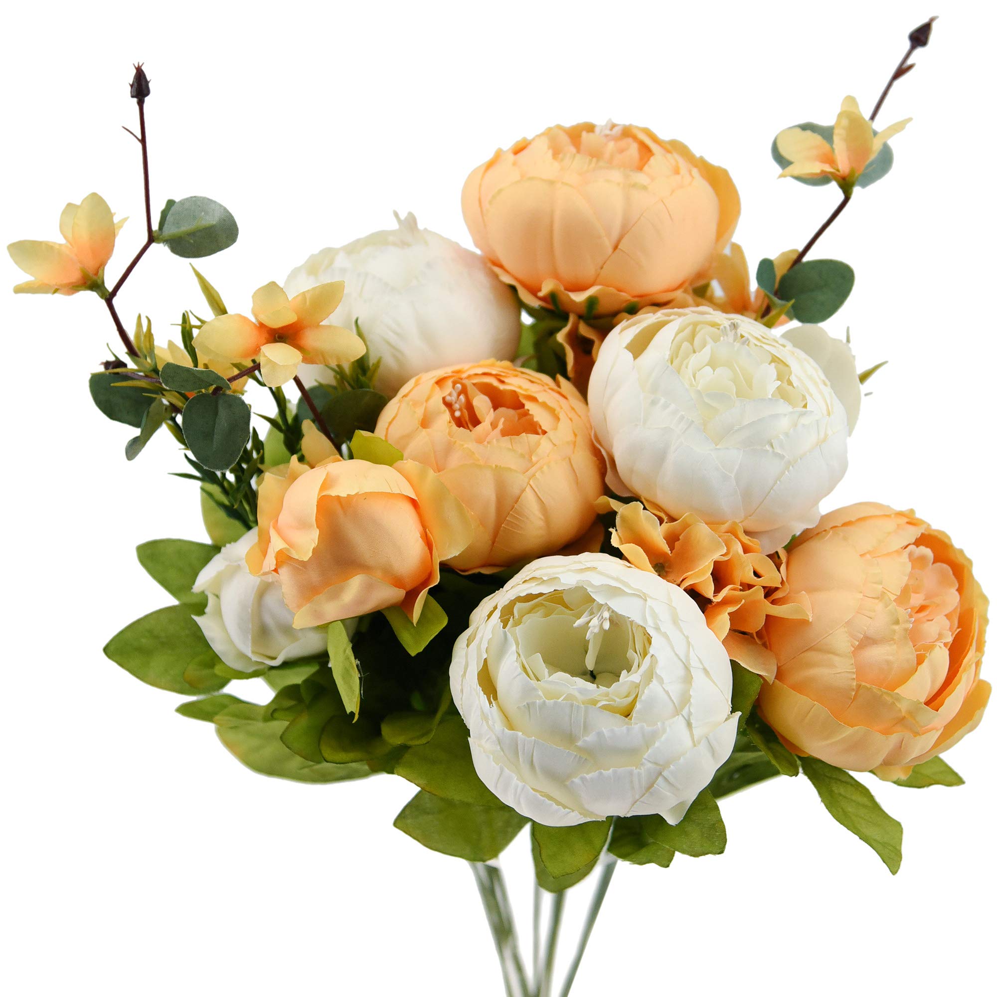 FiveSeasonStuff Apricot & Ivory Artificial Peony and Hydrangea Bouquet, Silk Flower Arrangement with Greenery for Home Interiors and Display Styling