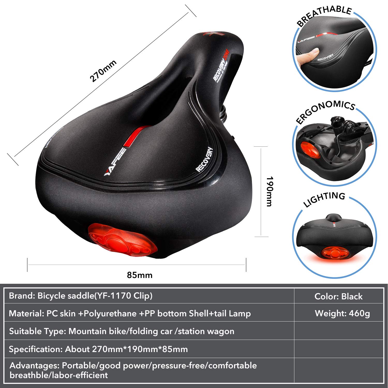 SHINYEVER Fahrradsattel PU Leder mit Rücklicht Ergonomisches Hohl Design Fahrradsitz Wasserdichter Atmungsaktiver Tourensattel mit Kloben Unisex