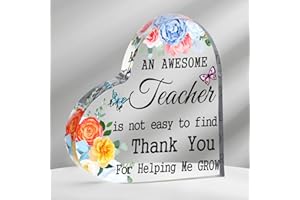Yookeer Teacher Appreciation Gifts for Women Men Acrylic Heart Sign Keepsake Paperweight Plaque Thank You Motivational for Teacher End of Year Retirement Student Graduation Gifts(Flower,4 x 4 Inch)