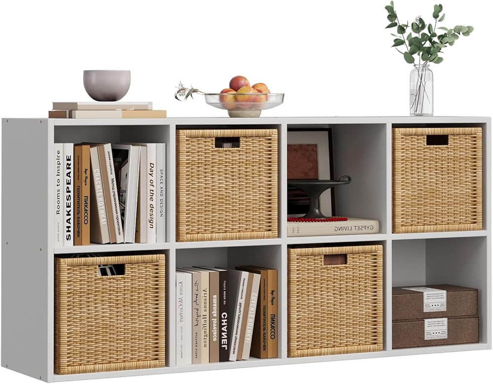 8-Cube Storage Organizer, White Wood Bookcase, Horizontal or Vertical Cube Shelf Unit Fits 11" Storage Bins(NOT Included), Di