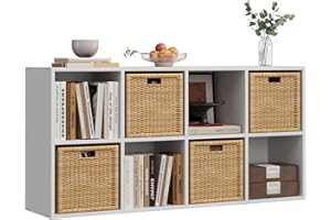 8-Cube Storage Organizer, White Wood Bookcase, Horizontal or Vertical Cube Shelf Unit Fits 11" Storage Bins(NOT Included), Di