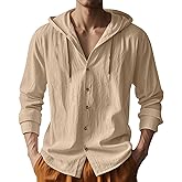 TAFLE Mens Cotton Linen Hoodies Lightweight Long Sleeve Button Down Shirts Casual Hawaiian Beach Yoga Tops Sweatshirts