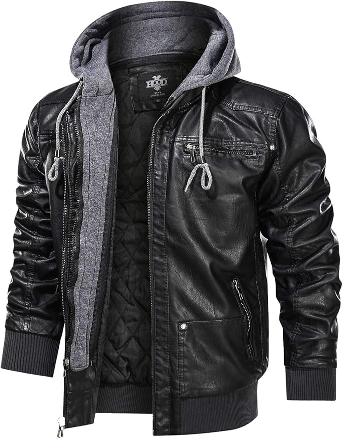 HOOD CREW Men's Warm PU Faux Leather ZipUp Motorcycle Bomber Jacket