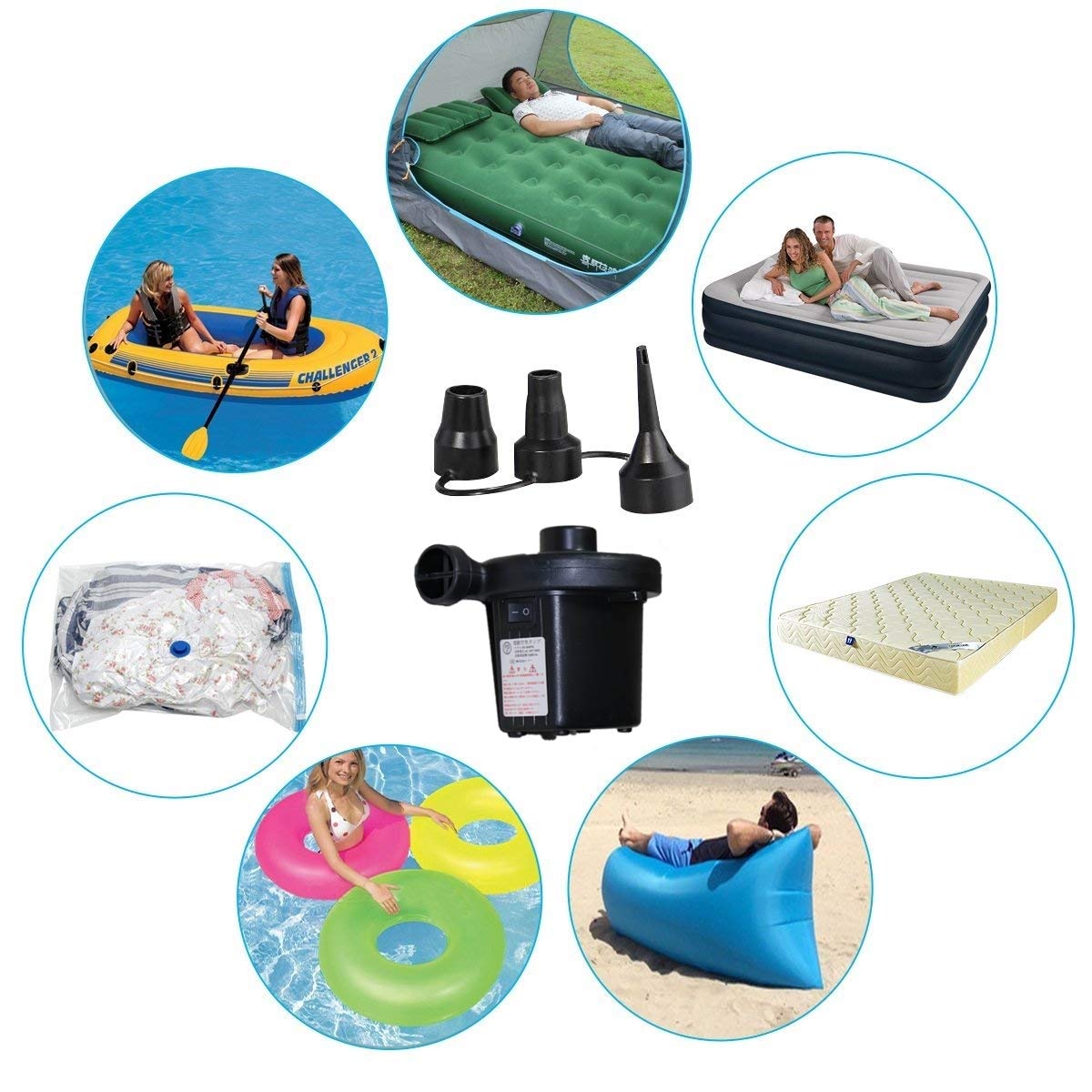 Concise house Electric Air Pump Two-way Air Pump with 3 Nozzles, 100-240V AC/12V DC 2 in 1 Portable Air Mattress Pump Universal Inflator Electric Pump for Inflatables Airbed Mattress Pump