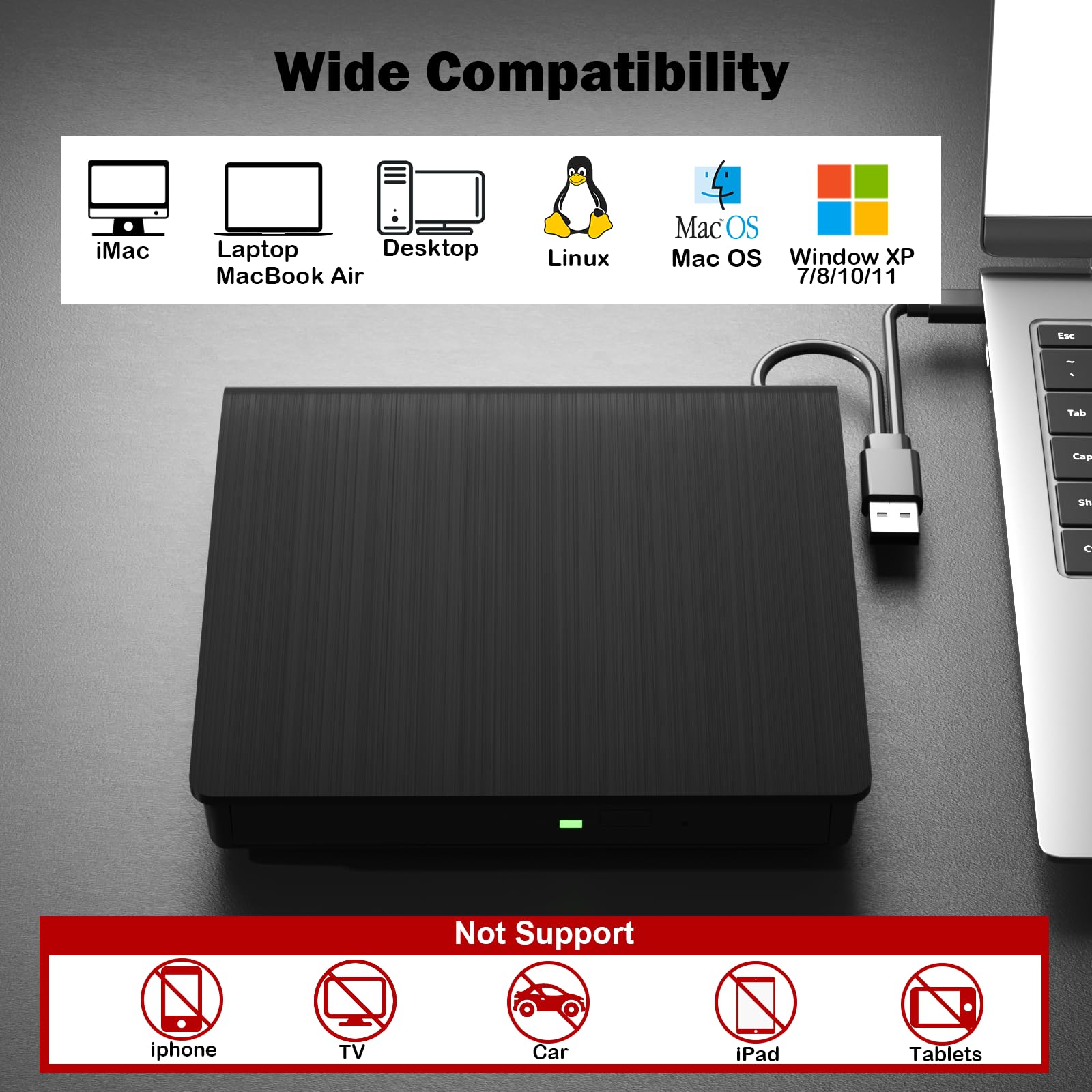 wintale External Blu Ray Drive, Portable 3D Bluray External DVD Drive, Blu Ray Burner with USB 3.0 and Type-C Dual Port, Bluray Drive for PC Windows XP/7/8/10/11 MacOS for Mac