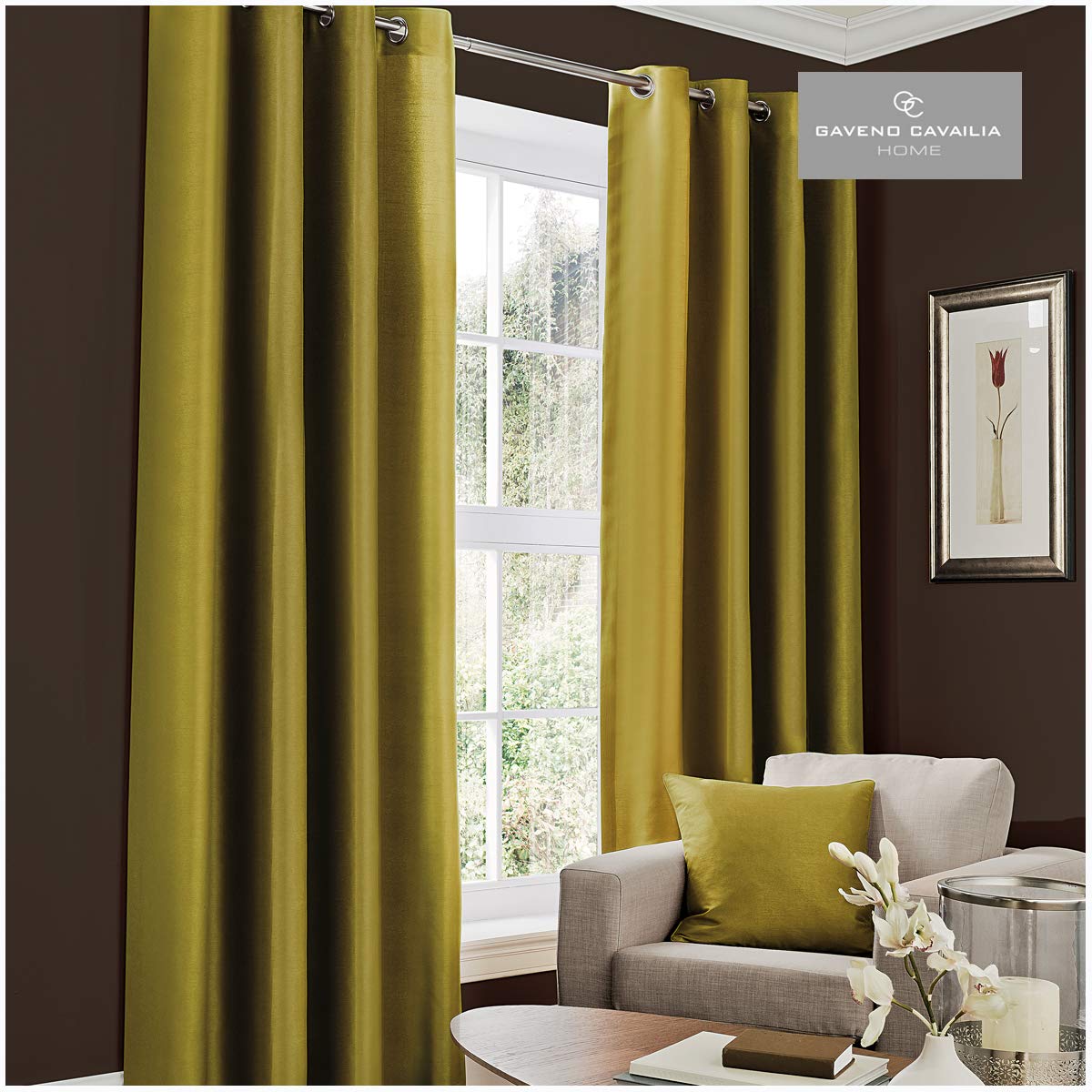 GC GAVENO CAVAILIA Faux Silk (Eyelet) Curtains, Moss Green, 66x72 Inch()