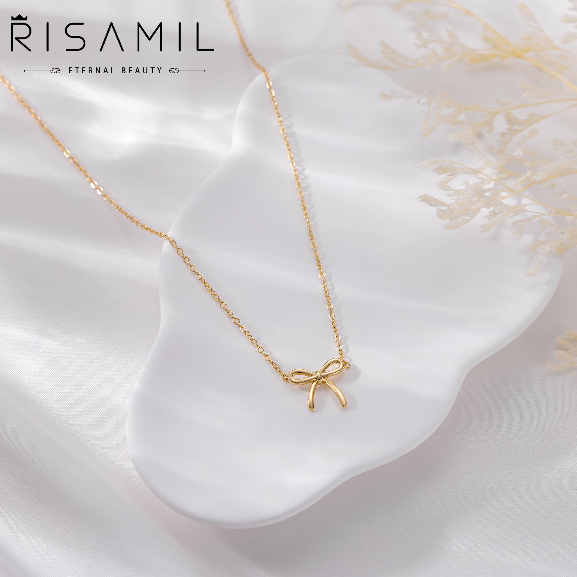 Risamil 14K Gold Plated Necklace for Women - Bow Necklace - Dainty Necklace Cute Small Tiny Bow Pendant Choker Chain Necklace Trendy Necklaces for Women Jewelry Gift