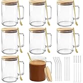 LECEHIVO 8 Sets 20oz Clear Glass Coffee Mugs with Handles and Lids Big Large Tea Cups with Gold Spoons, Bent & Straight Straws, Straw Brushes for Latte Espresso Cappuccino Hot Cold