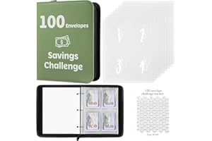 PEMOCYNY 100 Envelopes Money Saving Challenge Binder with Laminated Tracker, PU Money Saving Challenge Budget Binder with Cash Envelopes, Savings Challenge Book with Zipper to Save $5,050 (OliveGreen)