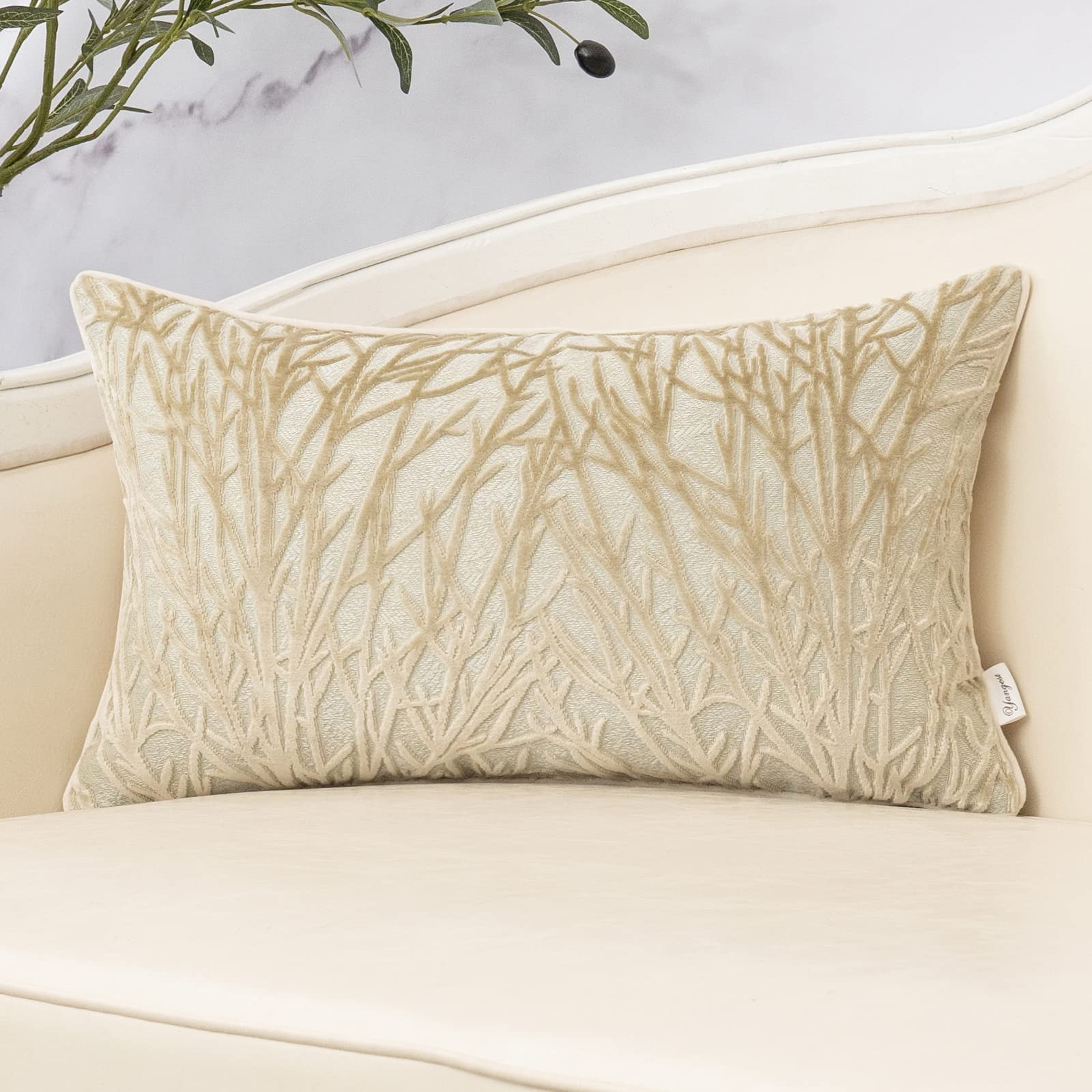 Photo 1 of Yangest Beige Throw Pillow Cover Velvet Cushion Cover Branches Rectangular Neutral Pillowcase for Sofa Couch Bedroom Living Room, 12x20 Inch