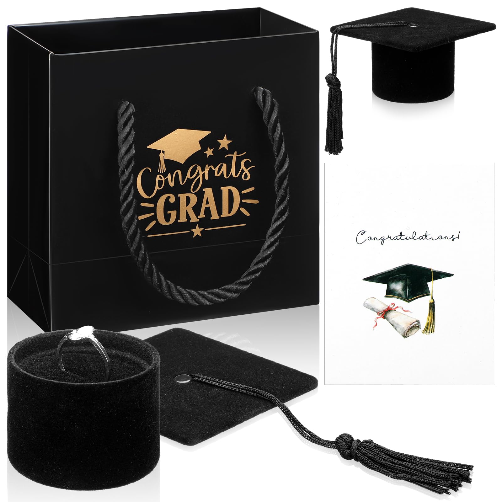 Photo 1 of Simgoing 2.8 Inch Graduation Cap Ring Box with Graduation Gift Bag and Congratulations Card Velvet Ring Organizer Case Jewelry Storage Box for 2025 Graduation Gifts Celebration Party Supplies(Black)
