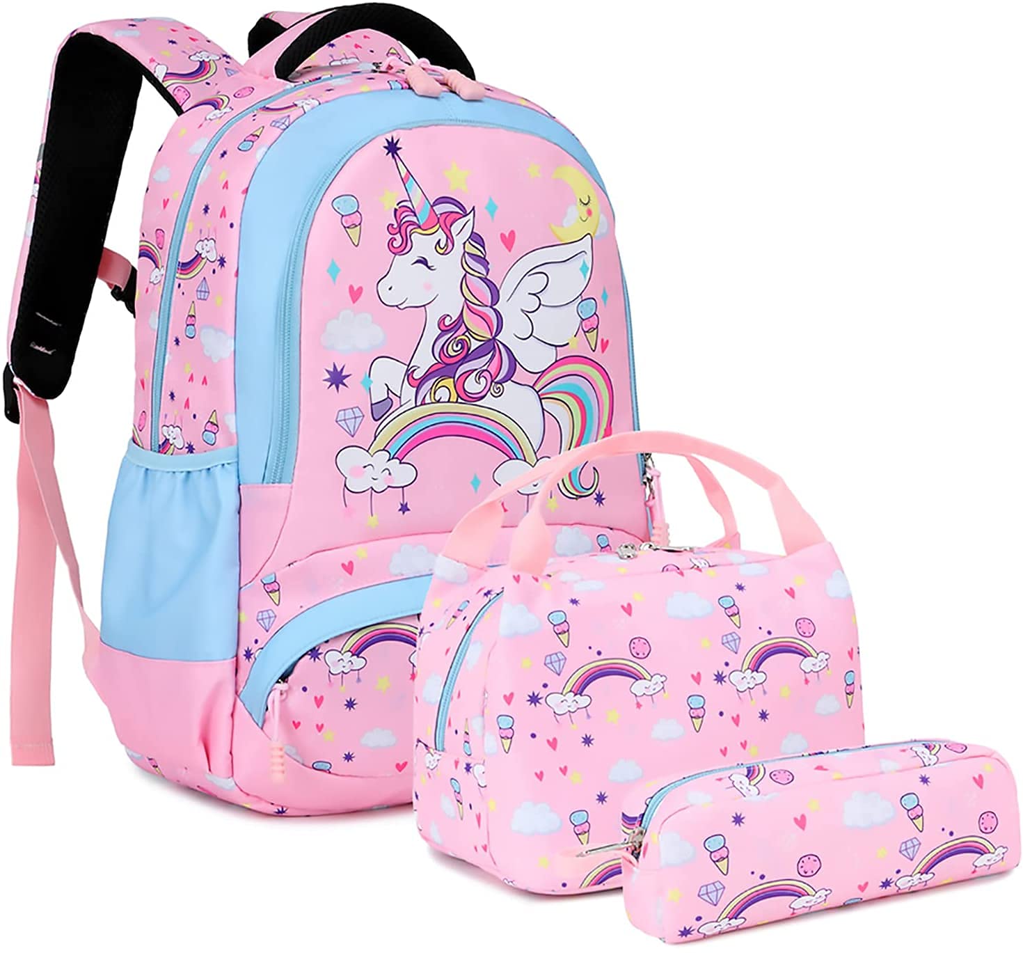 School Bags for Girls - Lightweight Unicorn Backpack Cute School Backpacks for Teengirls with Lunch Bag and Pencil Bag 3 Packs - Pink