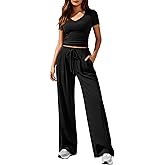 PRETTYGARDEN 2 Piece Sets for Women Summer 2026 Spring Lounge Set Matching V Neck Tops Wide Leg Pants Airport Travel Outfits