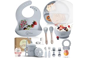 O'doe 17-Piece BPA-Free Silicone Baby Feeding Set | Thick & Soft Suction Plates, Baby Bowls, Wooden Fork & Spoon, and More | Make Mealtime Fun and Easy for Your Little One (Grey, V2)