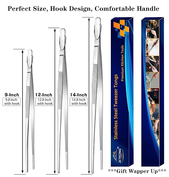 JETKONG EXTRA LONG KITCHEN TWEEZERS HEAVY DUTY STAINLESS STEEL COOKING TWEEZERS, SET OF 3 (9 12 14 INCH, BLACK)