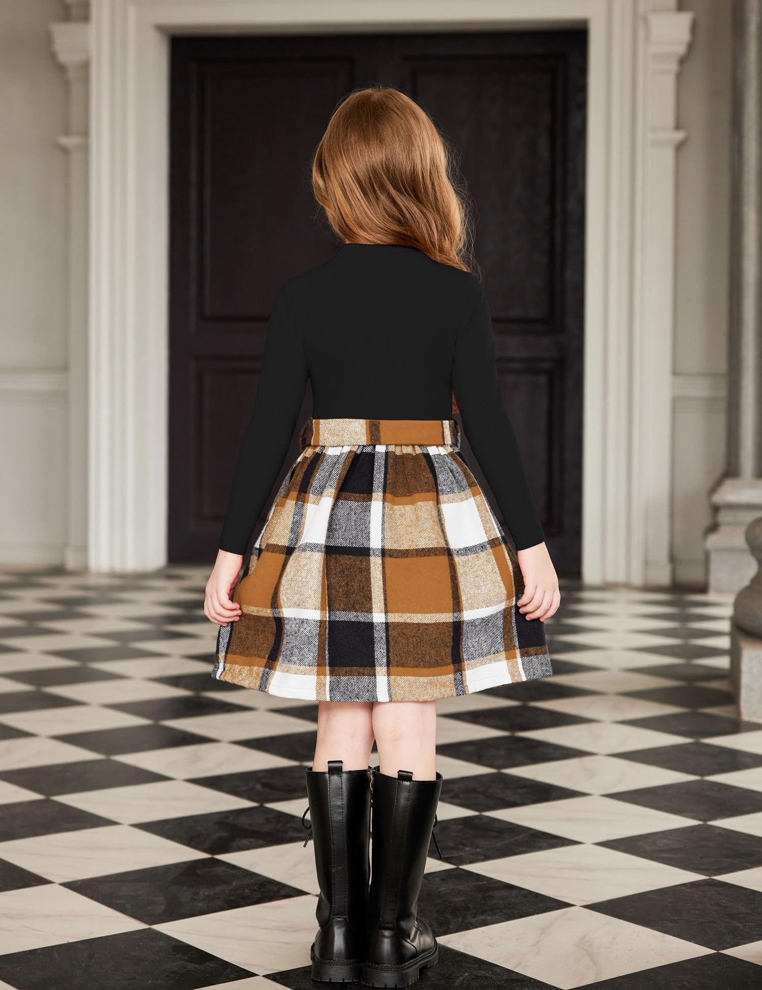 Arshiner Girls Dresses Long Sleeve Rib Knit Plaid Patchwork Belted Dress with Pockets