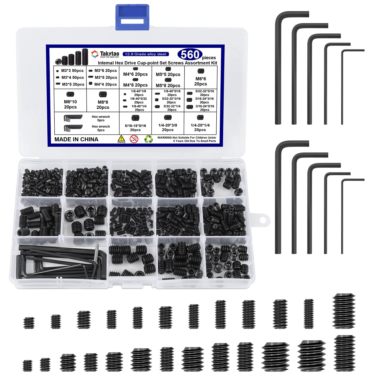 Photo 1 of 560PCS 25 Sizes Metric & SAE Set Screw Assortment Kit,12.9 Class Alloy Steel Internal Hex Drive Cup-Point Set Screws Assortment Kit with 10 Hex Wrenches, M3 to M8 and 1/8-40 to 5/16-18