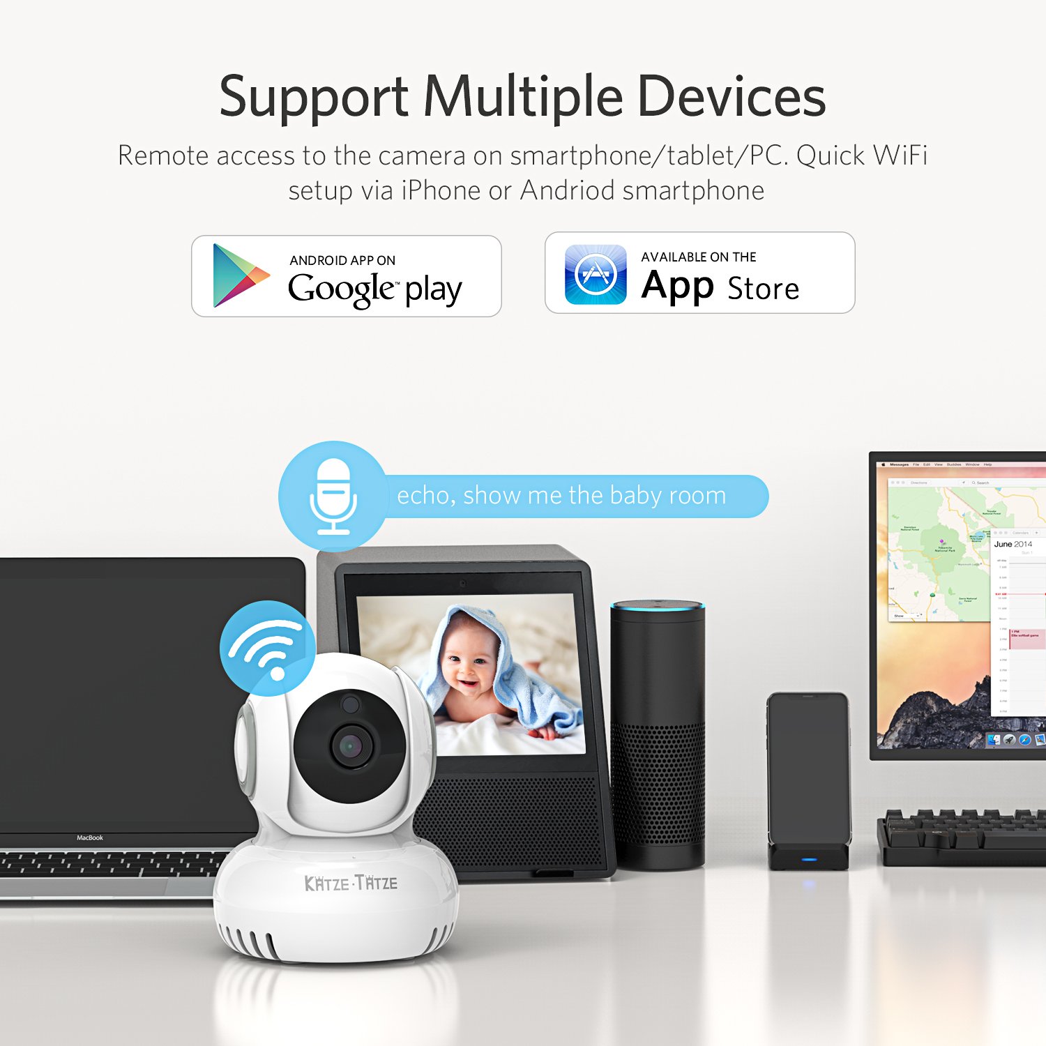 Katze-Tatze Baby Monitor WiFi Home Surveillance IP Camera for Baby/Pet/Nanny Monitor, Work with Echo Show Alexa, 2-Way Audio & Night Vision, Pan/Tilt, Motion Detect