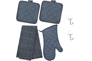 MUCHAI INNOVATIONS Designer Kitchen Linen Set | Oven Mitt, Soft Absorbent Cotton Towel, & 2 Pot Holder | Lightweight & Decorative for Cooking Baking Housewarming Gift - Heavy Duty Self Adhesive Hook Included (Grey)