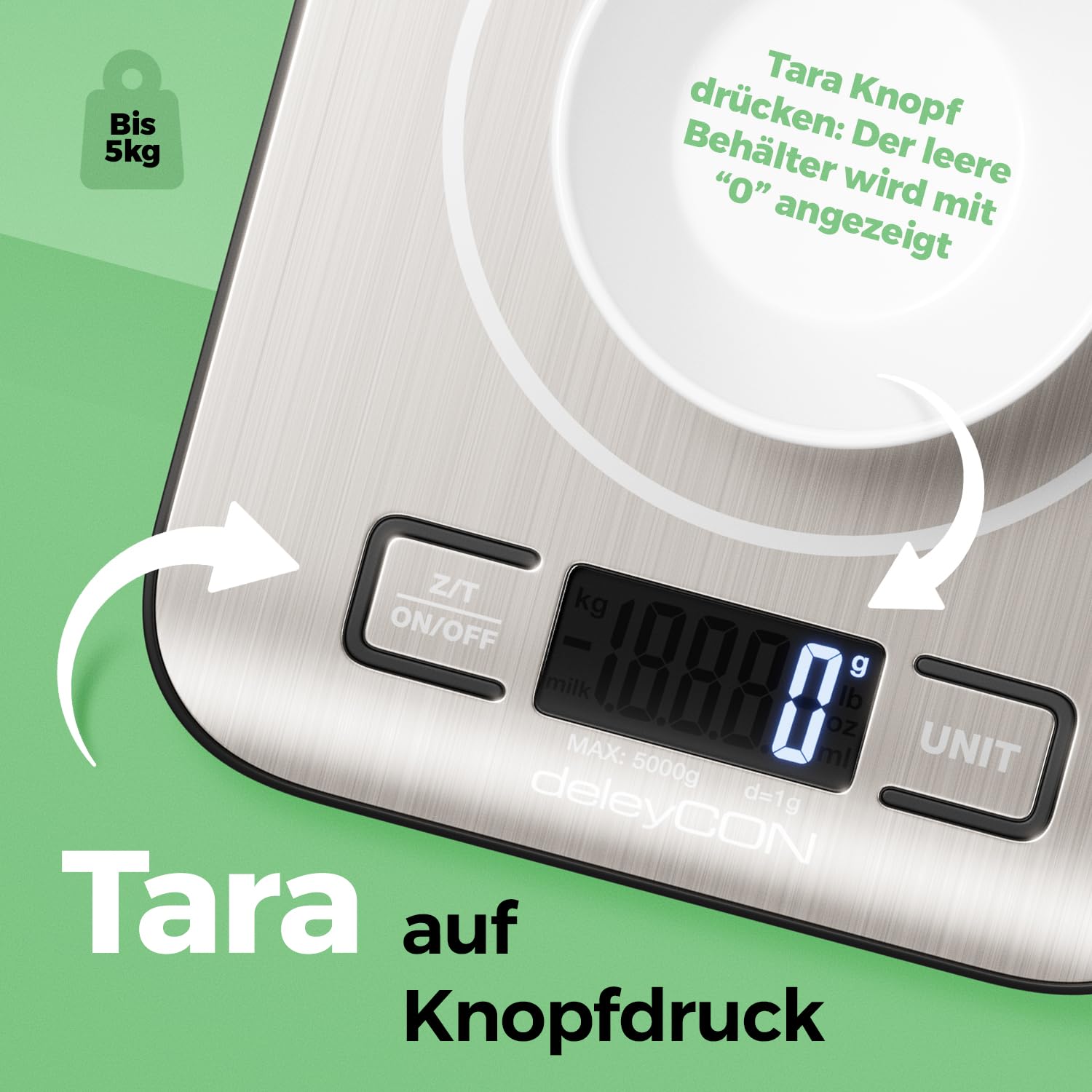 deleyCON Küchenwaage Digital, LCD-Display, Tara-Funktion (mit Batterien) bis 5KG, Digitalwaage, Briefwaage, auf 1g genau, Backen Kochen Messen von Zutaten Diät Fitness Schmuck, klein und flach, Silber 3