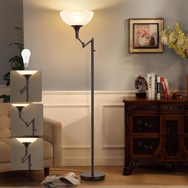 EJIAXIN FLOOR LAMPS FOR LIVING ROOM BRONZE, 71″ TALL STANDING LAMP WITH GLASS SHADE, VINTAGE FLOOR LAMP WITH 350°ADJUSTABLE SWING ARM LAMP, POLE LAMP FOR BEDROOM, LIVING ROOM, OFFICE, BULBS INCLUDED