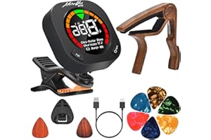 MOREYES Rechargeable Guitar Tuner Clip on Chromatic, Guitar, Bass, Violin, Ukulele Include Guitar Capo and Guitar Picks and Holder
