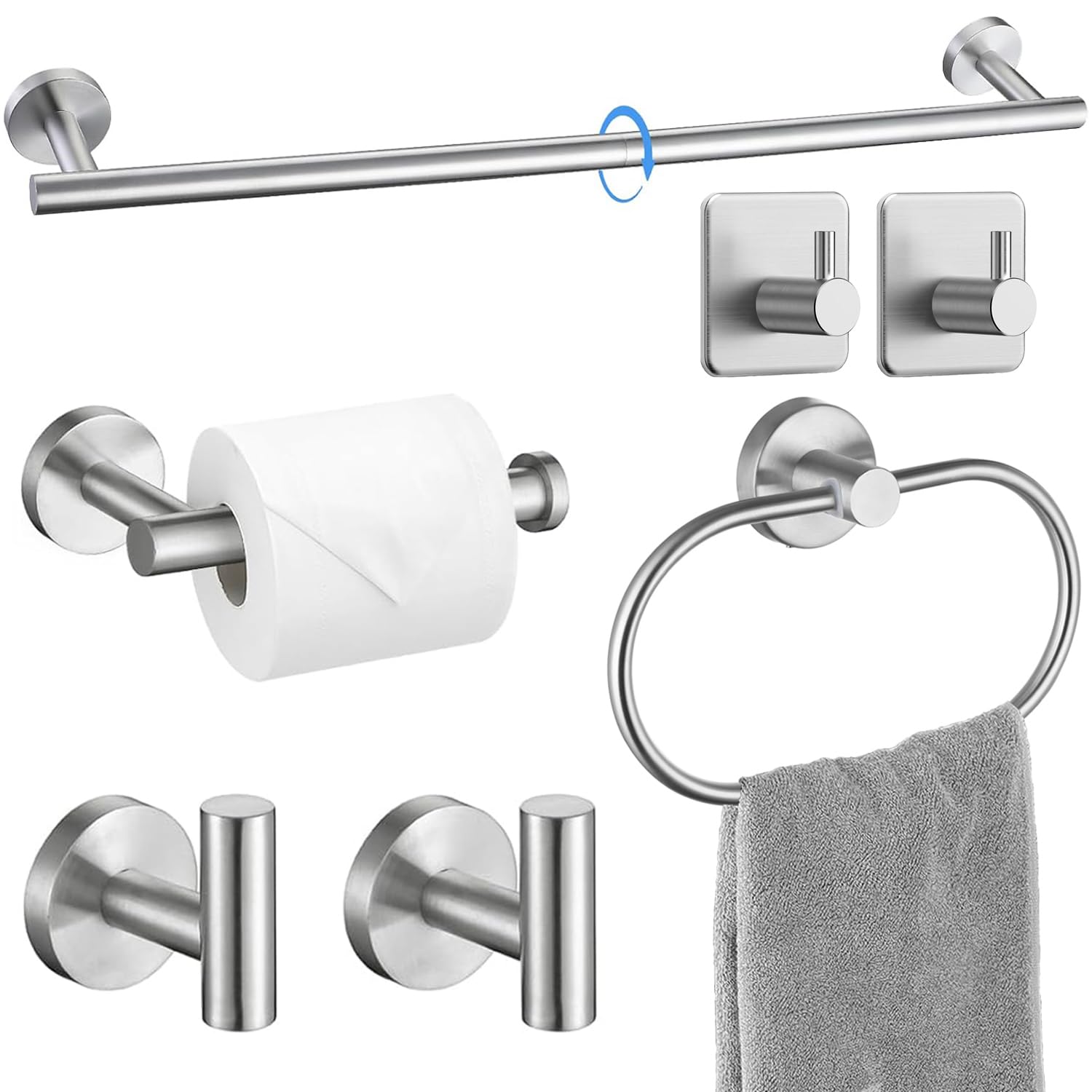 Silver Bathroom Accessories Set, 7 Pieces Silver Towel Bar Bathroom Hardware Set, 24 Inch Towel Racks for Bathroom, SUS304 Stainless Steel Bathroom Towel Holder Toilet Paper Holder Wall Mounted Image