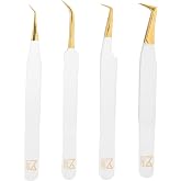 M LASH Tweezers, Eyelash Extensions Set of 4 | White | Fiber Tip, Japanese Steel, Diamond Grip | Professional Lash Extension Tweezers