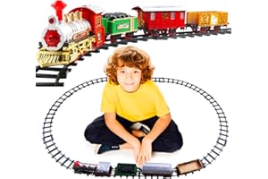 Sizkii Christmas Classic Model Train Set Railway Kits, Retro Electric Train Toy Include 4 Cars and 8 Tracks, Sounds & Lights,
