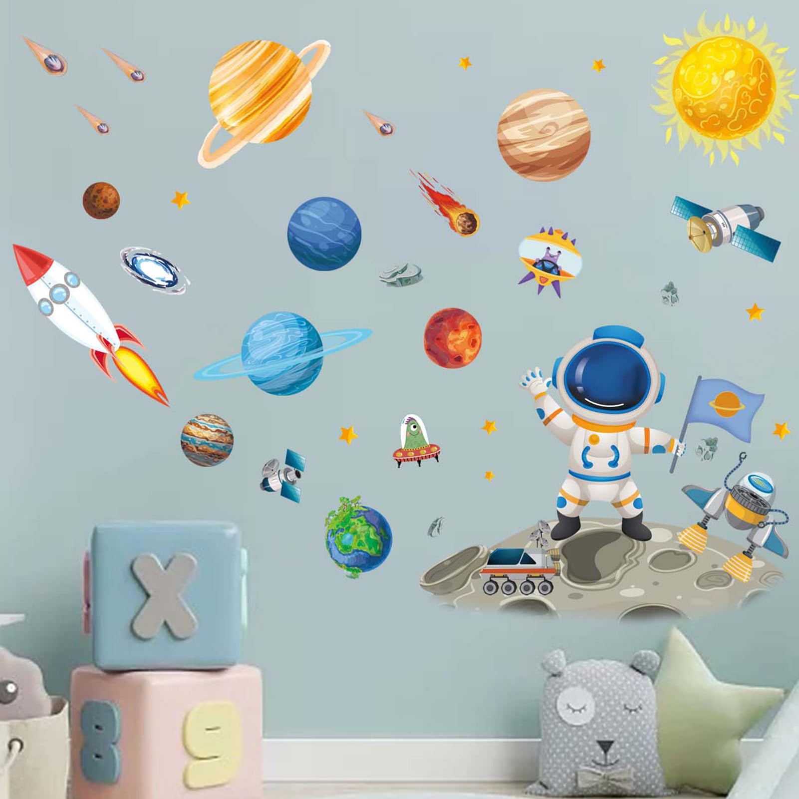 Outer Space Wall Decals for Kids: Peel and Stick Planets Astronaut Rocket Wall Stickers - Wall Art Decor Kids Supplies Ages 1-12 Year