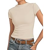 Kate Kasin Womens Ribbed Crop Top, Mock Neck Cap Sleeve Shirt with Raw Seam, Super Soft Stretchy Y2K Going Out Tops