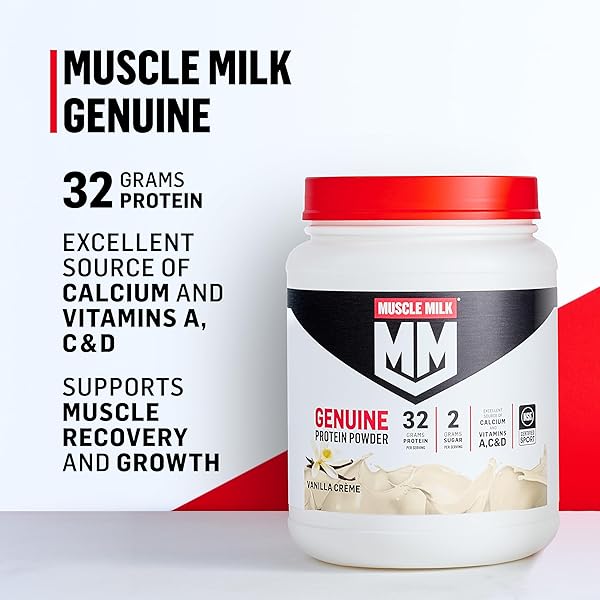 MUSCLE MILK GENUINE PROTEIN POWDER, STRAWBERRIES ‘N CRÈME, 1.93 POUNDS, 13 SERVINGS, 32G PROTEIN, 3G SUGAR, CALCIUM, VITAMINS A, C & D, NSF CERTIFIED FOR SPORT, ENERGIZING SNACK, PACKAGING MAY VARY