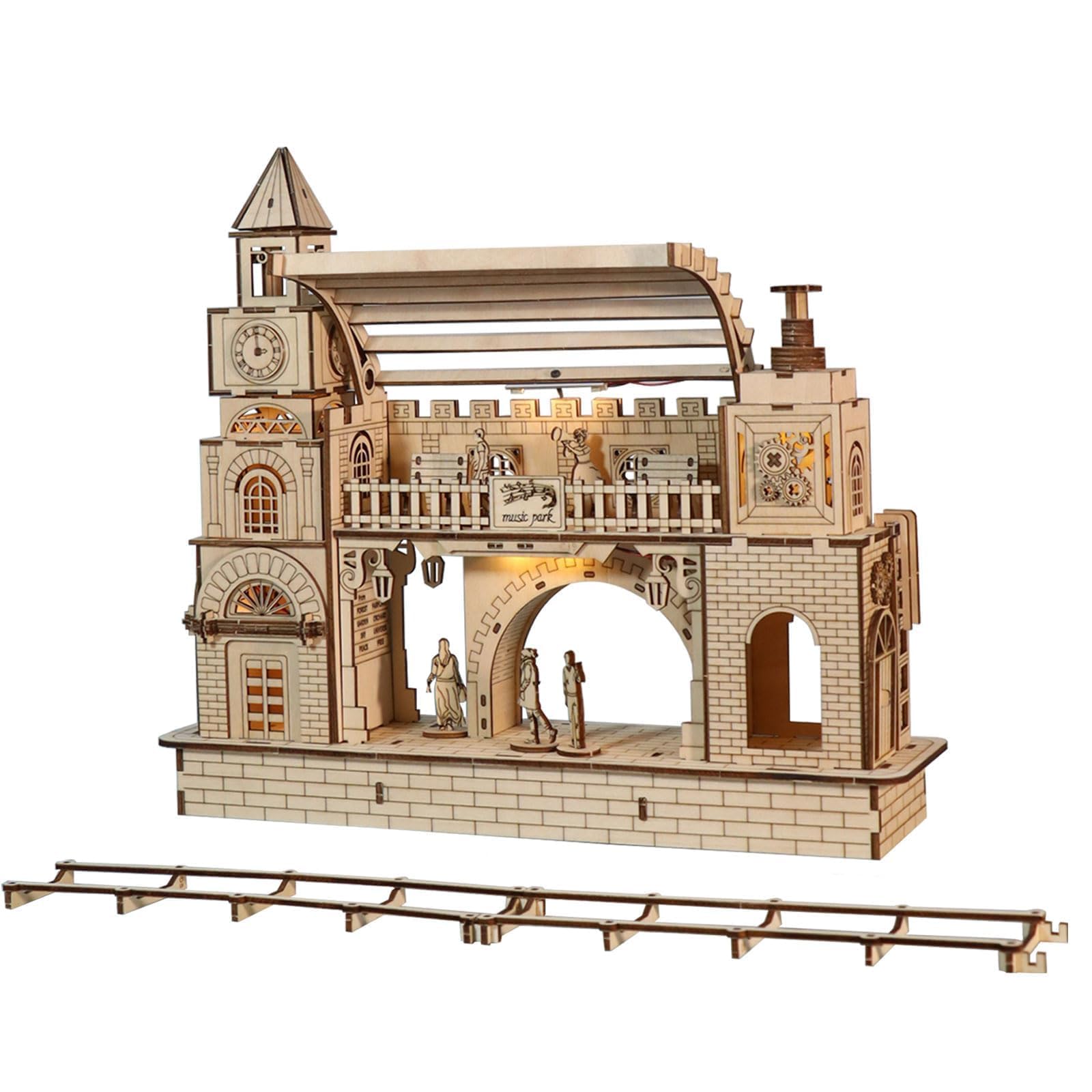 Music Park 3D Wooden Puzzles Train Station for Adults Night Light Model Kit DIY Birthday for Women Age 14+