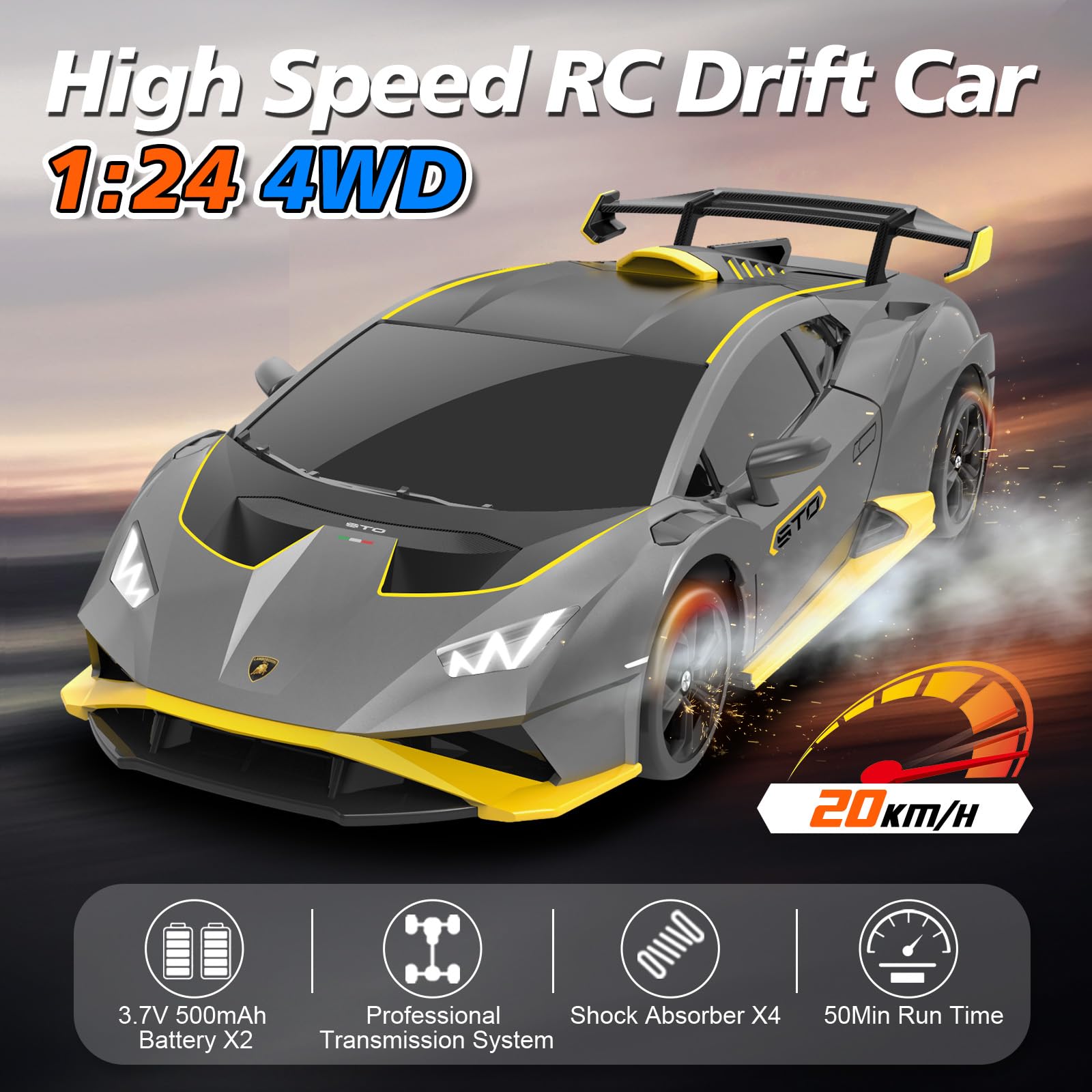 YONCHER RC Ferngesteuertes Auto Drift, Lamborghini Offiziell Lizenziert, 1:24 20KM/H 4WD RC Drift Car, RC Auto mit Leuchten, für ab 4,5,6,7,8 + Jahre Kinder und Erwachsene, Grau 2
