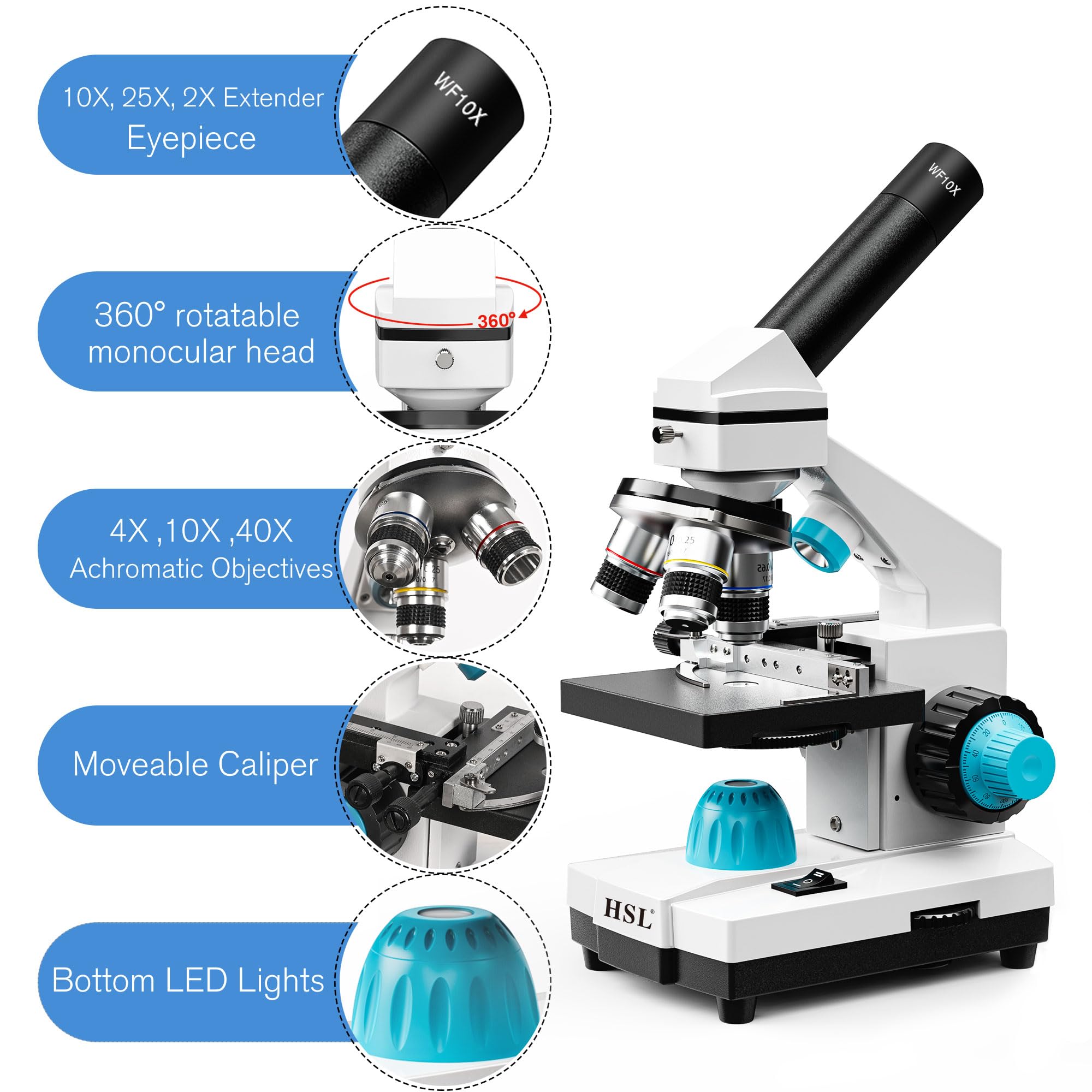 HSL 40X-2000X Microscope for Kids,Monocular Compound Microscope Kit for Students Adults,Dual LED Powerful Biological Microscopes Set for Laboratory School Education Science Beginner 1000x 2000x