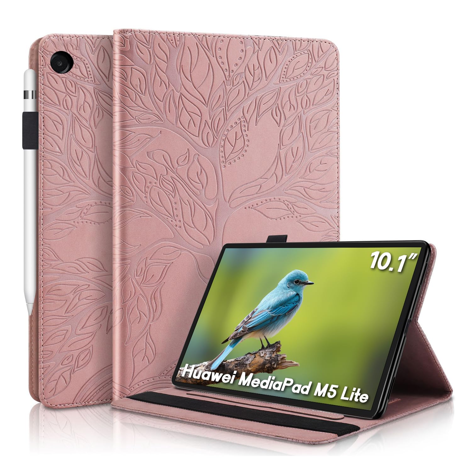 Aswant Huawei Mediapad M5 Lite 10 Case Embossed Tree PU Leder Cover Wallet BookStyle Flip Cover Stand Function and Card Slot Tablet Case For Huawei Mediapad M5 Lite/C5 10.1 Inch 2018 - Rose Gold