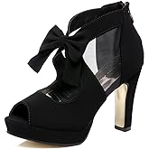 GATUXUS Open Toe Women Platform High Heel Shoes Bows Strappy Sandals