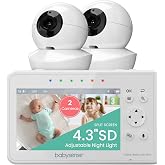 Babysense Baby Monitor with 2 Cameras and Audio 4.3", Non Wifi Baby Monitor, Dual Split Screen, Portable Double Sleep Video Monitoring, Auto Night Vision &amp; Light, Lullabies &amp; White Noise Two-Way Audio