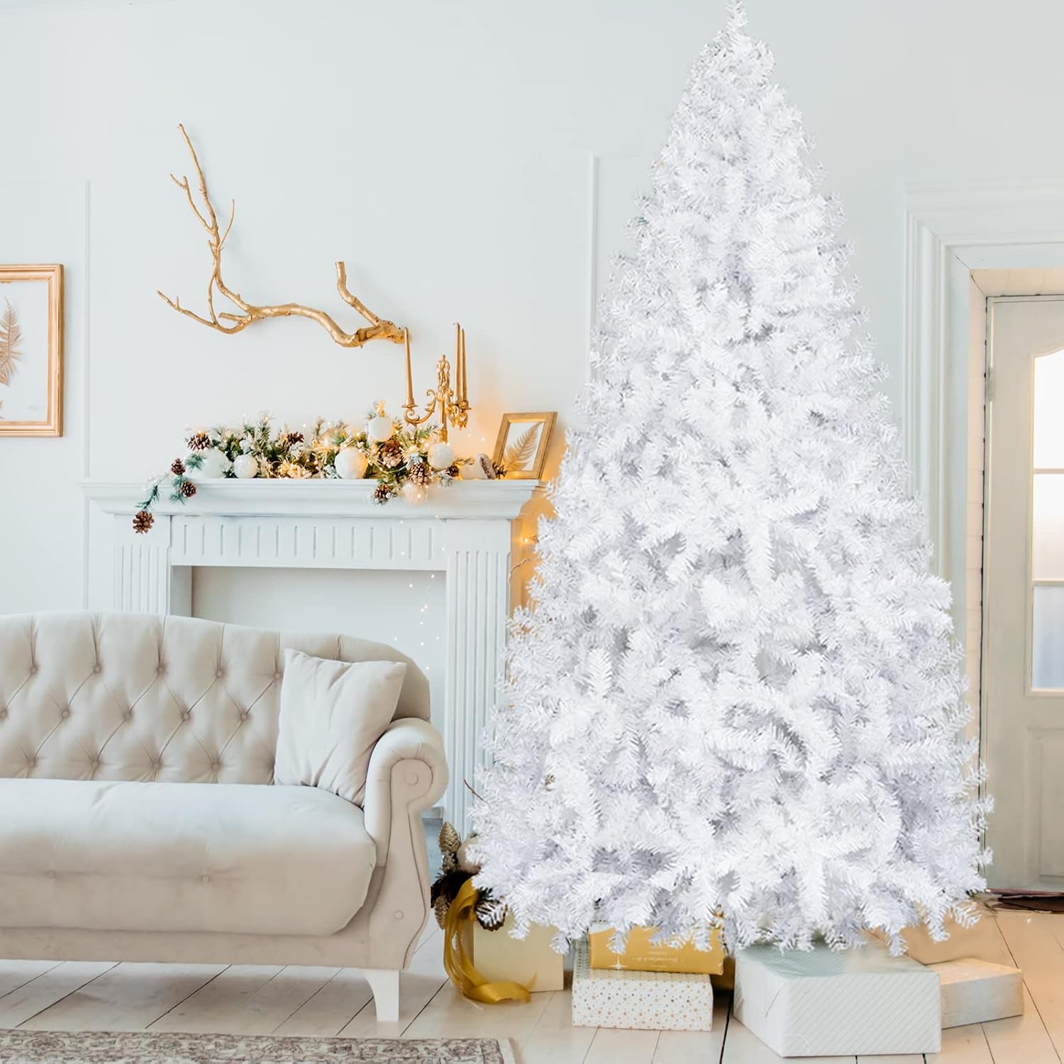Trees - Karl home 7FT Premium White Artificial Christmas Tree Decorations for Home, Office, Party Holiday, 1349 PVC Branch Christmas Tree with Metal Hinges & Foldable Metal Base