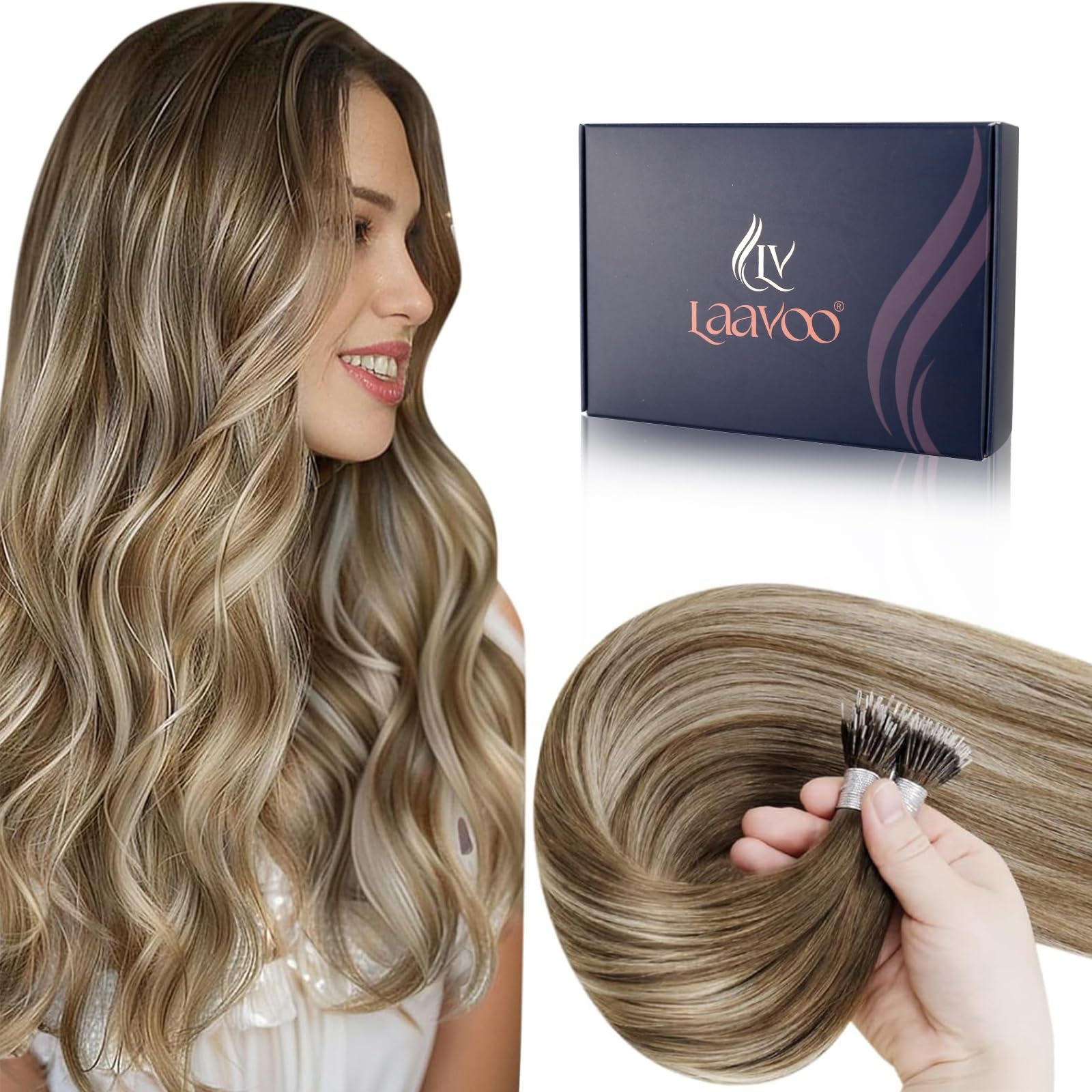 LaaVoo Nano Hair Extensions Real Human Hair Brown Nano Beads Hair Extensions 16 Inch Balayage Light Brown to Medium Blonde Invisible Nano Ring Straight Remy Hair 50g 50s #3/8/24 — image 1