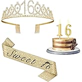 Sweet 16 Party Decorations for Girls with Sweet 16 Sash Gold, Rhinestone 16th Birthday Tiara, 16 Candles Gold, 16th Birthday Gifts for Girls