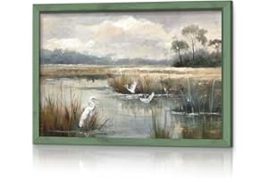 HILL WEST Rustic Landscape Framed Wall Art - Lake Bird Painting Tranquil Wetland Egret Scene Wooden Picture Framed Nature Artwork Decor for Bedroom