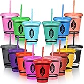 Rtteri 15 Pcs Crayon Cups with Lid and Straw Teacher Appreciation Tumblers Gift Bulk 16 oz Reusable Plastic Cups Crayon Party Favors for Graduation Back to School Party Supplies