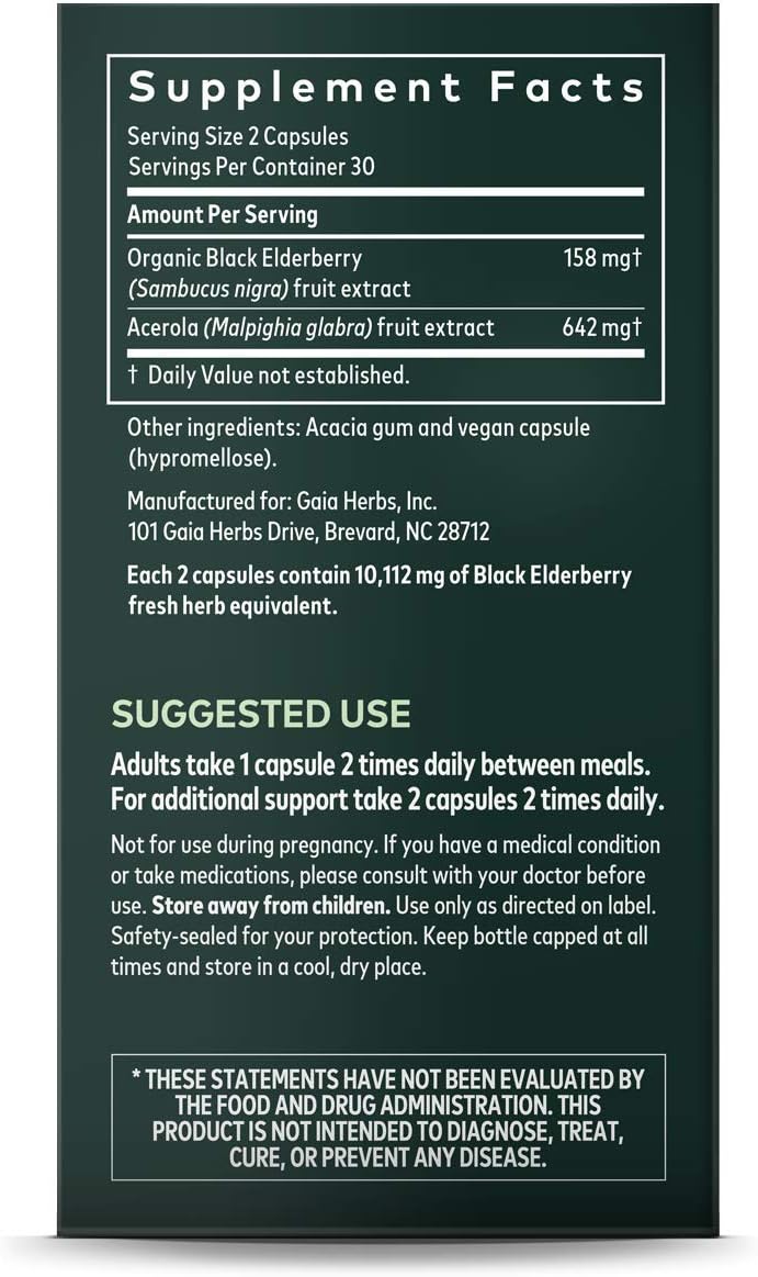 Gaia Herbs, Black Elderberry, Organic Sambucus Elderberry Extract for Daily Immune and Antioxidant Support, Vegan Powder Capsules, 60 Count: Health & Personal Care