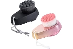 Beomeen 2 Pack Facial Cleansing Brush 2 in 1 for Face Exfoliation, Soft Bamboo Charcoal Microfiber Bristle Dual Face Silicone Scrubber Brush for Pore Deep Cleansing Skincare with Lid, Black+Gradient