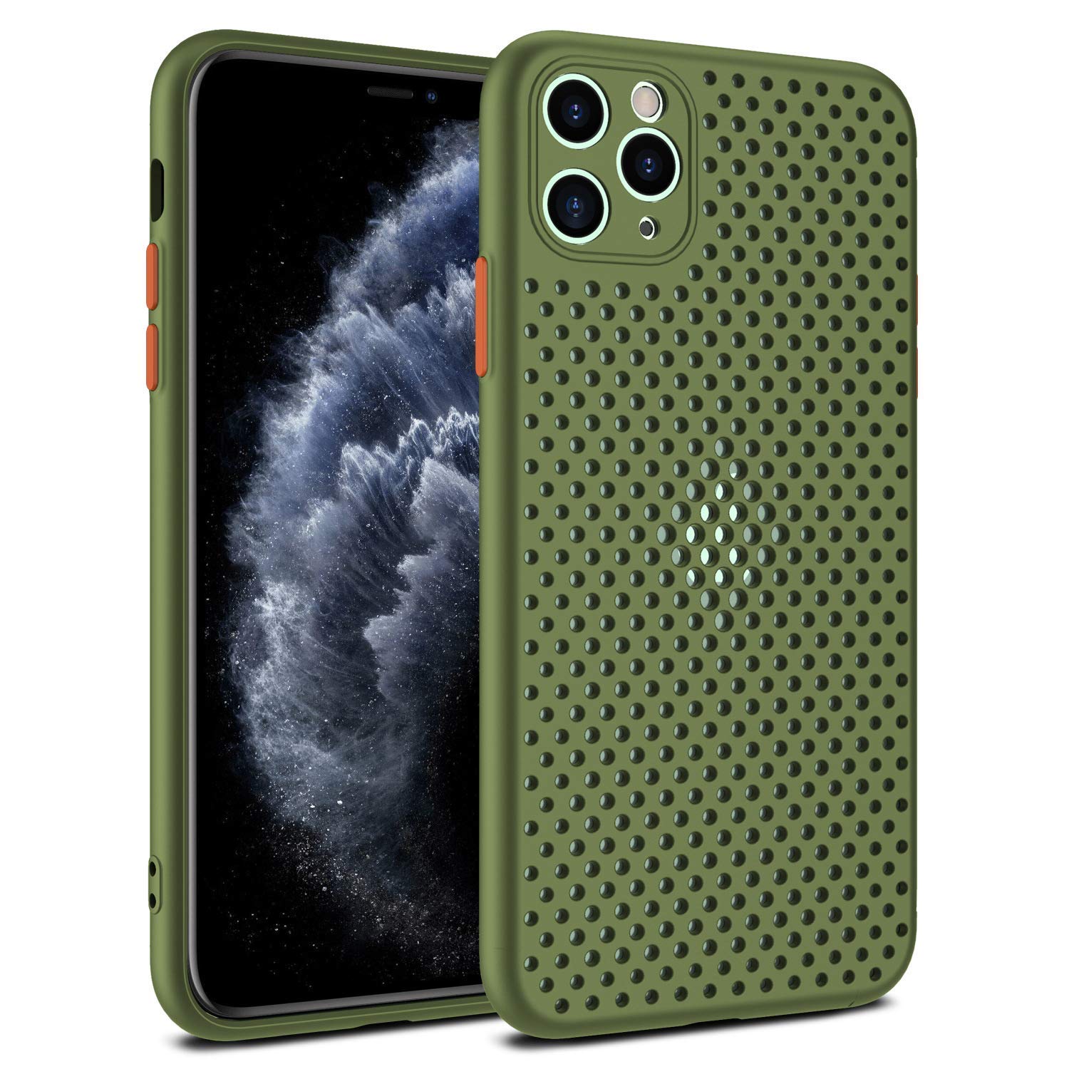 Photo 1 of Heat Dissipation Phone Case, 2024 Breathable Cooling Hollow Cellular Hole Heat Dissipation Case Full Back Camera Lens Protection Ultra Slim TPU Cover (Army Green, Compatible with iPhone 13 Mini)