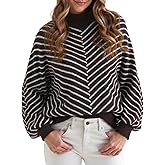 Upopby Women's Striped Fall Winter Sweaters for Women Trendy Turtleneck Lantern Sleeve Knitted Pullover Sweater Jumper Tops