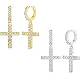 2 Pairs Cross Hoop Earrings Dangle 14K Gold Silver Plated Small 5A+ Cubic Zirconia Pave Post Earring for Men Boy Jewelry Gift