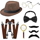 8 Pcs Detective Costume Accessory Set, 20s Detective Costume Adults Detective Hat Y-Back Suspenders Tie Magnifying Glass Glasses Mustache Detective Dress Up for Cosplay Carnival Halloween-Linen Brown
